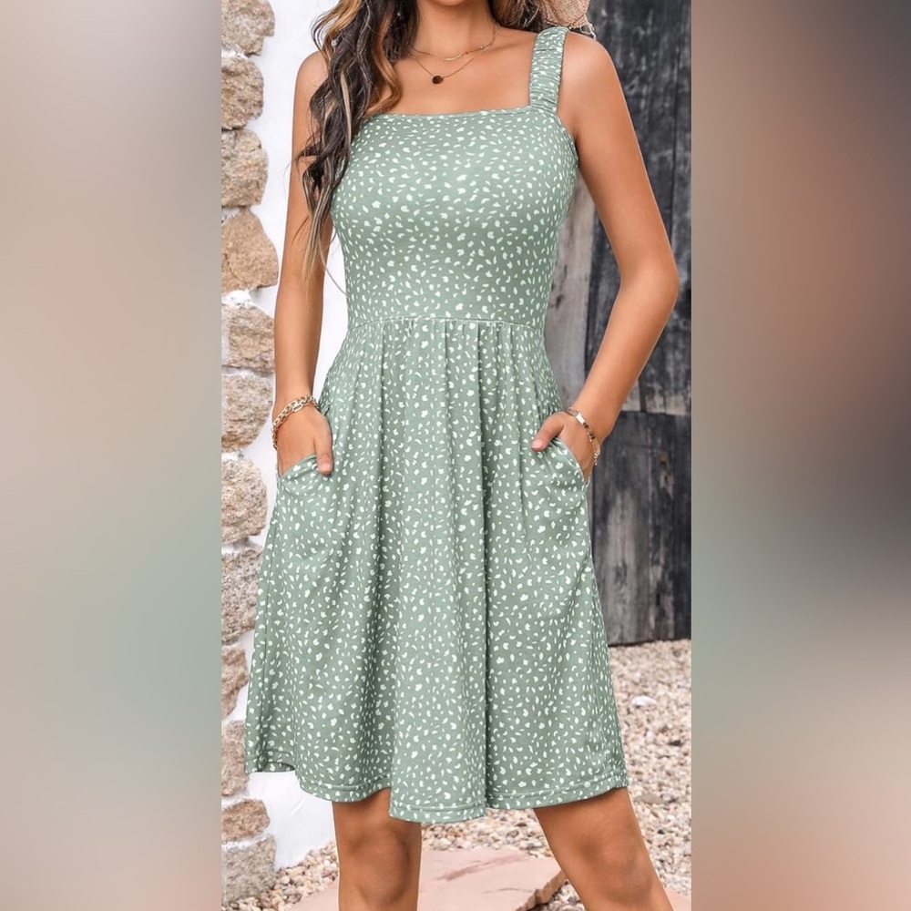 Women's Sage Green Printed Summer Dress with Pockets